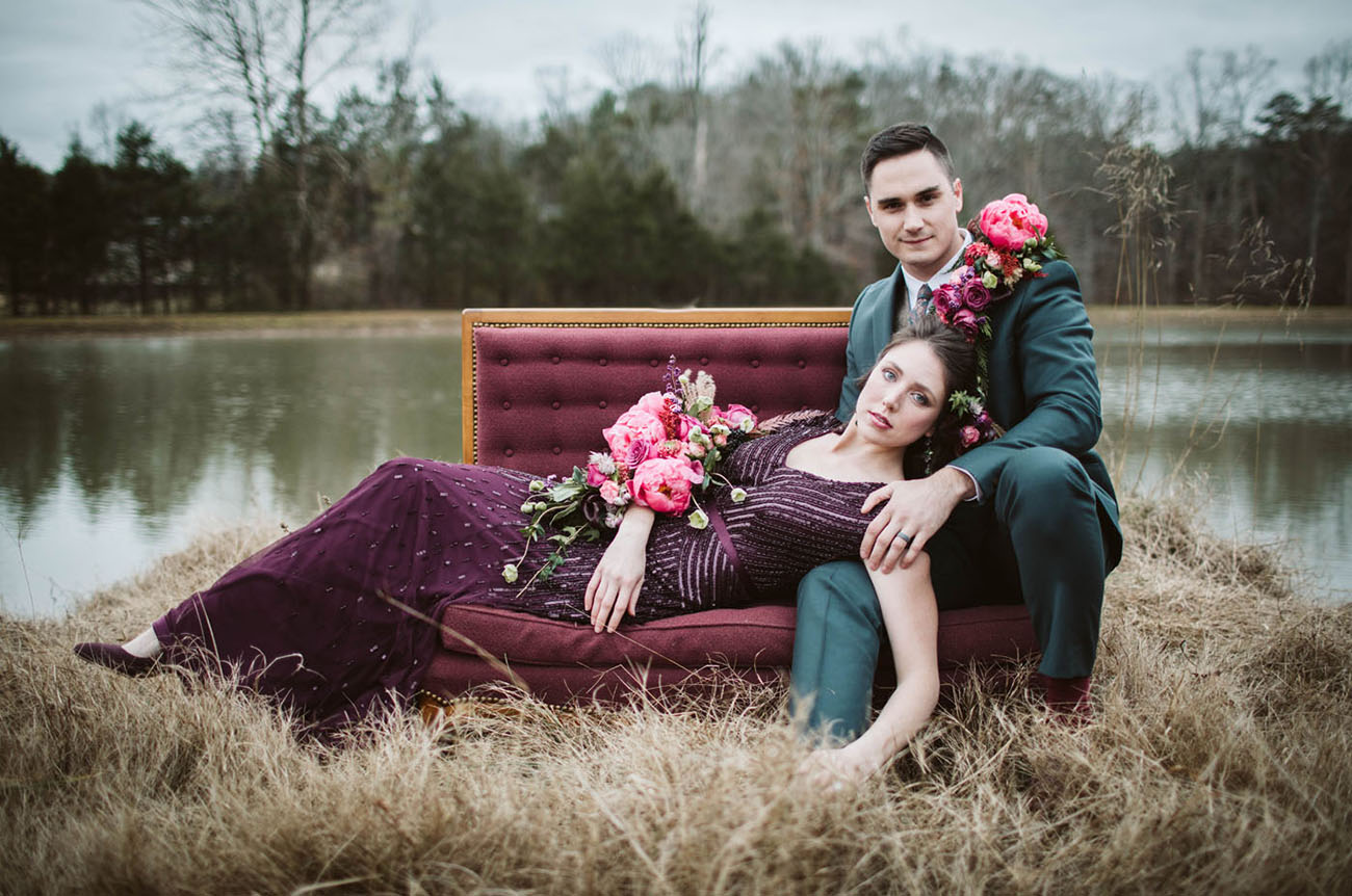 Bride & Groom in Front of Lake Angela